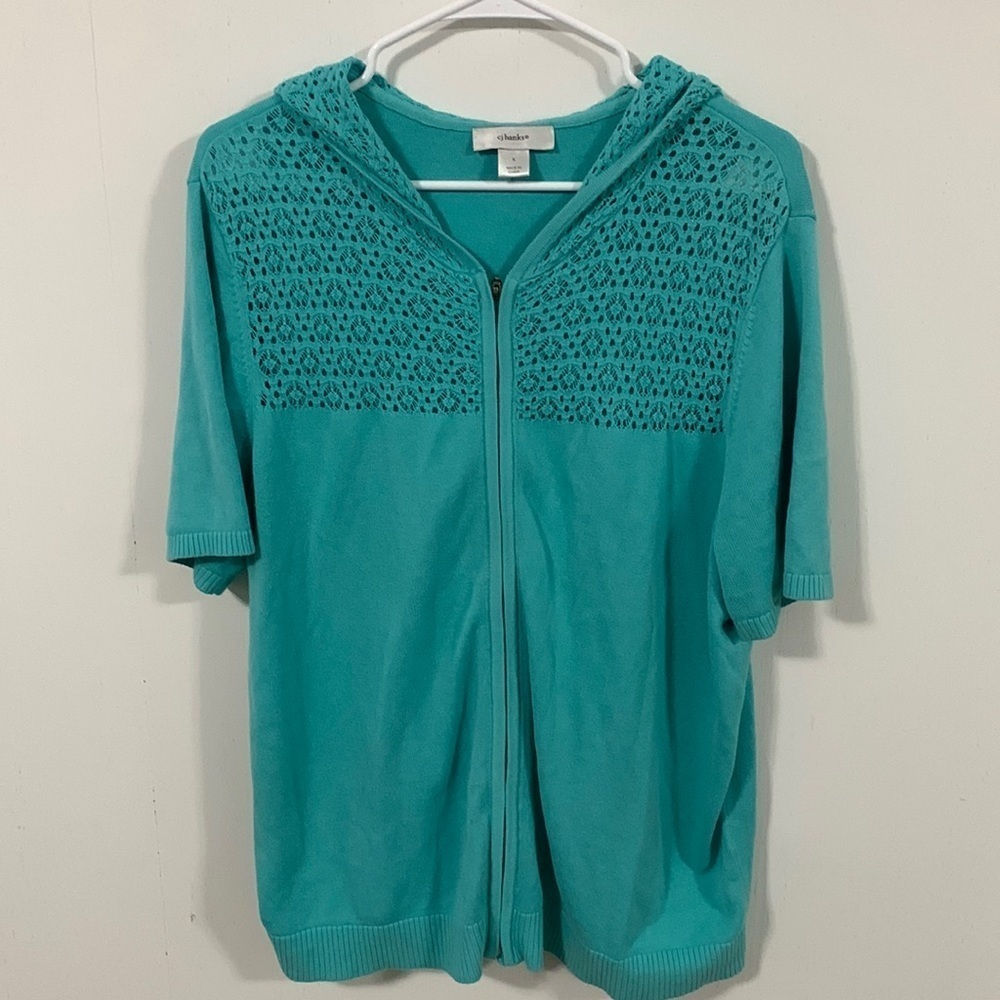 cj banks hooded sweater nice  turquoise color pretty crochet areas